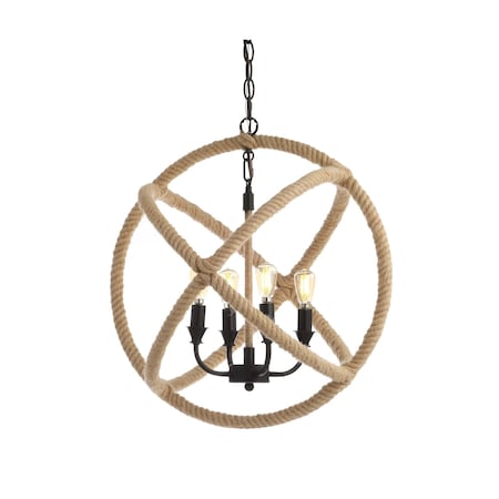 Jonathan Y Soka 4-Light 20" Adjustable Globe Metal/Rope LED Pendant, Black/Brown JYL9041A