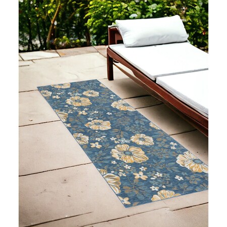 Homeroots 2' X 8' Blue White and Yellow Floral Stain Resistant Indoor Outdoor Runner Rug 548891
