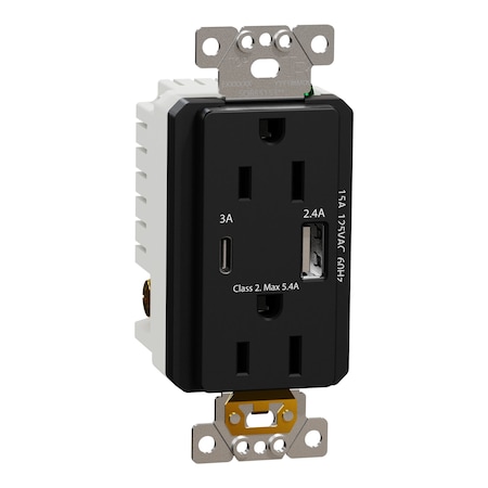 Square D Usb Charger + Socket-Outlet, 15 A Socket SQR55153BK
