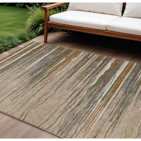 Homeroots 10' X 14' Taupe Copper And Green Striped Washable Indoor Outdoor Area Rug 597300