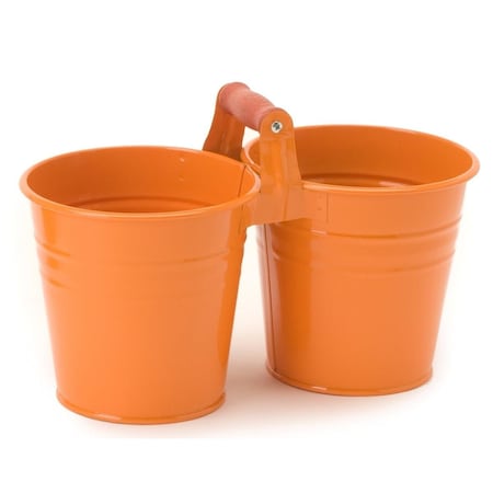 Houston International Trading Enameled Galvanized 2 Planter Unit with Wood Handle, Tangerine 8122E TA