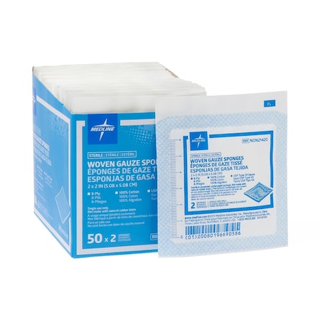Medline Woven Sterile Gauze Sponges, 2in x 2in, 8-Ply, 2/Pack, 100PK NON21420H