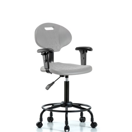 Blue Ridge Ergonomics Poly Chair Round Tube Base-Medium Bench Height with Adjustable Arms & Casters in Gray Poly PMBCH-RT-T0-A1-RC-GRY