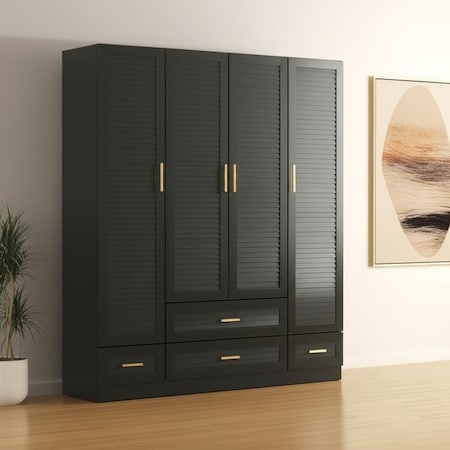 Homeroots 71" Black Plantation Shutter Wood Four Door Four Drawer Combo Dresser 617964