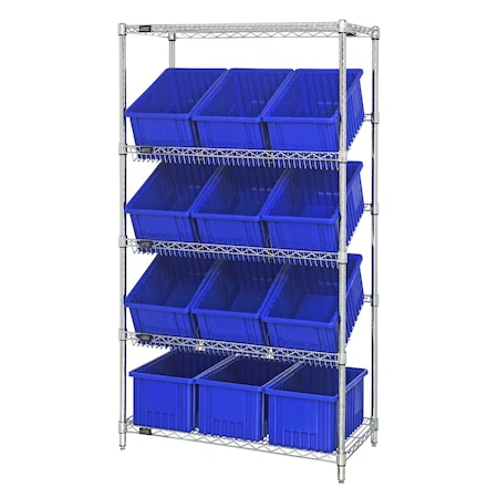 Quantum Storage Systems WIRE SHELVING UNIT W/12 BLUE BINS WRS-5-92080BL