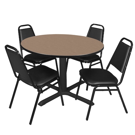 Regency Round Cain Breakroom Table W/ 4 Restaurant Stack Chairs, 48 in W, 48 in L, Noble Oak TB48RNDNO29BK