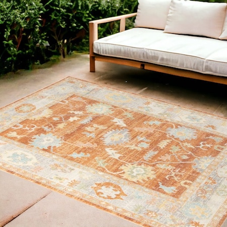 Homeroots 9' X 12' Blue and Orange Floral Stain Resistant Indoor Outdoor Area Rug 531503