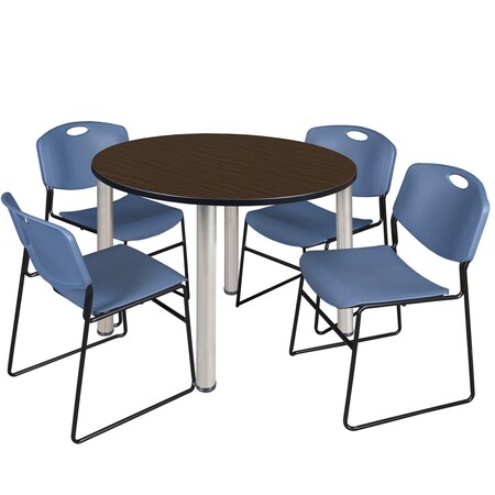 Regency Round Kee Breakroom Table W/ 4 Zeng Stack Chairs, 42 in W, 42 in L, Neo Walnut TB42RNDNWBPCM44BE