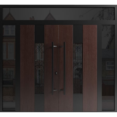 Vdomdoors Front Exterior Prehung Aluminum Double Doors Ronex1205 Bronze Oak 2 Sidelights and Top Transom RONEX1205DEXD-OAK-W14+72+14xH96+12-LH-I