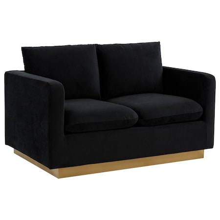 Leisuremod Nervo Upholstered Velvet Loveseat with Gold Frame, Midnight Black NS55BL