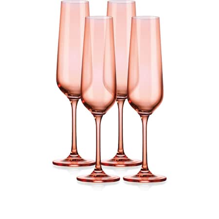 Homeroots Set of Four Coral Crystal Narrow Stemmed Champagne Flutes 485152