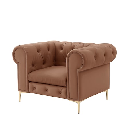 Homeroots 34" Camel And Gold Faux Leather Tufted Chesterfield Chair 533908