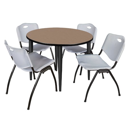 Regency Round Kahlo Breakroom Table W/ 4 M Stack Chairs, 42 in W, 42 in L, Noble Oak TPL42RNDNOBK47GY