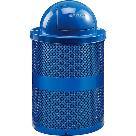 Global Industrial Outdoor Perforated Steel Recycling Trash Can, Dome Lid, 36 Gallon, Blue B3178682