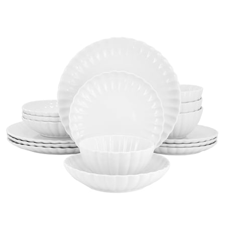 Elama Jane 16 Piece Scalloped Double Bowl Porcelain Dinnerware Set in White ELM-JANE16