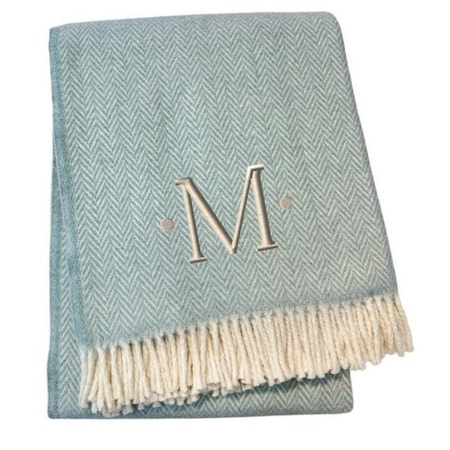 Homeroots 55" X 70" Sky Blue White Herringbone Cotton Blend M Initial Throw Blanket with Tassels Embroidery 680585