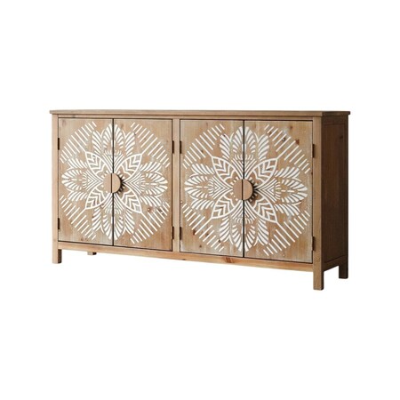 Homeroots 60in Brown and White Wood Carved Floral Accent Cabinet With Four Doors 716320