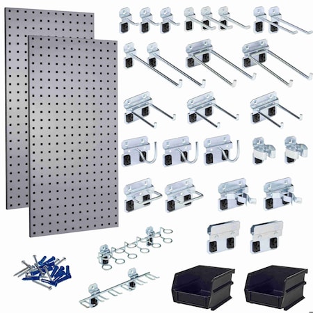 Triton Products 30 pc LocHook Assortment & Hanging Bin System W/ (2) 18" W x 36" H Gray Steel Square Hole Pegboards LB18-GKit
