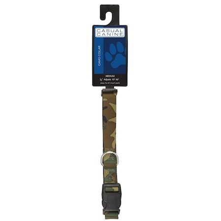 Casual Canine Dog Collar, DRing Link, 14 to 20 in L Collar, 58 in W Collar, Nylon, Green Camo ZA6741 14 43