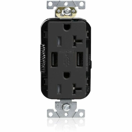 Leviton USB Receptacle, 20 A, 1 hp, Black, PBT M58AA-E