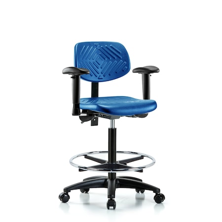 Blue Ridge Ergonomics Poly Chair, High Bench, Arms, Foot Ring, Casters, Blue BR-PHBCH-RG-T0-A1-CF-RC-BLU