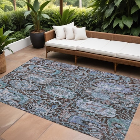 Homeroots 9' X 12' Chocolate And Aqua Damask Washable Indoor Outdoor Area Rug 603735