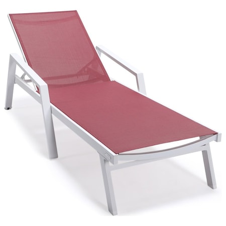 Leisuremod Marlin Patio Chaise Lounge Chair with Armrests in White Aluminum Frame, Burgundy MLAW-77BRG
