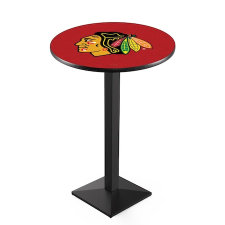 Holland Bar Stool Co 42" Blk Wrinkle Chicago Blackhawks Pub Table, 36" dia. Top L217B4236ChiHwk-R