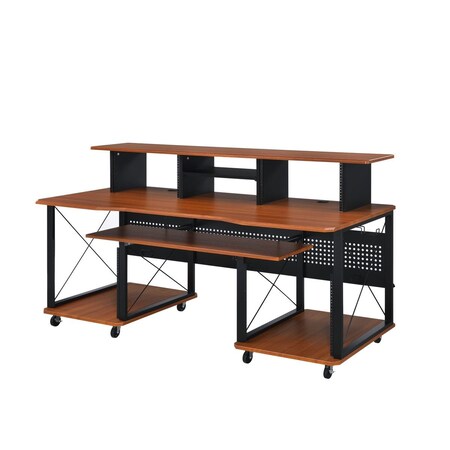 Homeroots 72" Brown and Black Wood and Metal Rolling Computer Desk 491534