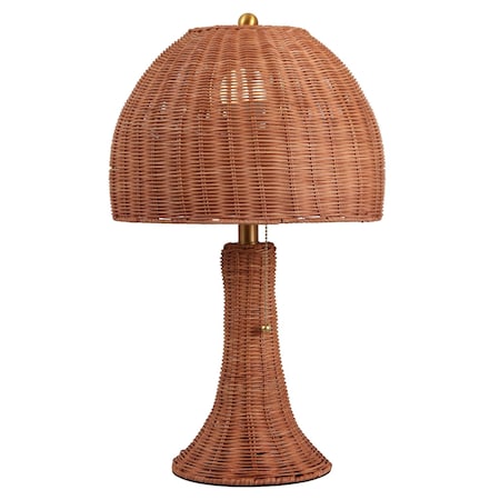 Jonathan Y Joanie 22" Bohemian Rustic Woven Rattan LED Table Lamp with Pull Chain, Dark Brown/Brass Gold JYL4011C