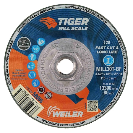 Tiger Mill Scale 4-1/2 in x 1/8 in Grinding Wheel, Type 29, MILL30T, 5/8 in-11 A.H. 58086
