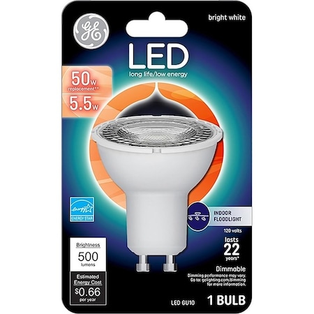 Ge Floodlight Bulb, MR16 Lamp, 50 W Equivalent, GU10 Lamp Base, Dimmable, White, Bright White Light 93120809