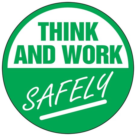 Accuform Hard Hat Sticker, 214 in Length, 214 in Width, THINK AND WORK SAFELY Legend, Adhesive Vinyl LHTL306