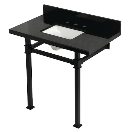 Kingston Brass 36" Black Granite Console Sink with Stainless Steel Legs, 8-Inch, 3-Hole, Black Granite/Matte Black KVPK36KSQ0