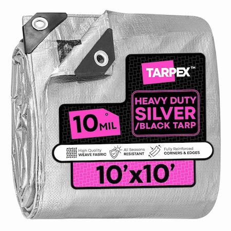 Tarpex Heavy Duty Tarp, 10 ft x 10 ft, 10 Mil, Silver/Black, Polyethylene STH-TA-1010