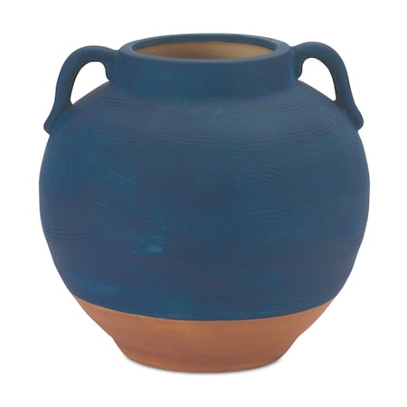 Homeroots 7" Blue And Terra Cotta Ceramic Round Urn 632622