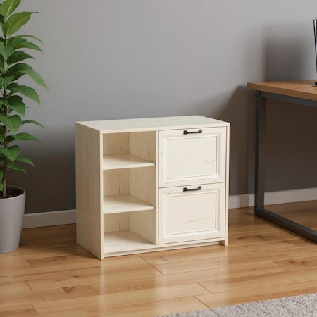 Homeroots 30" Antiqued White Distressed Wood Two Drawers Filing Cabinet 568316