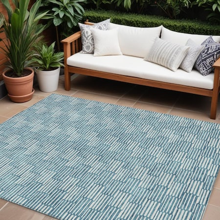 Homeroots 9' X 12' Teal Blue And Ivory Geometric Washable Indoor Outdoor Area Rug 595041