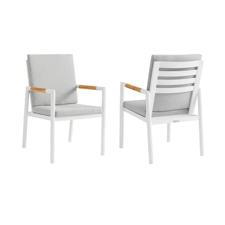 Armen Living Crown White Aluminum and Teak Outdoor Dining Chair with Light Gray Fabric - Set of 2 LCCRCHWH