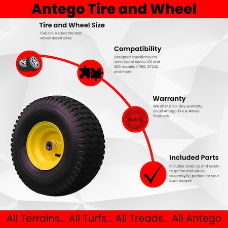 Antego 15 x 6-6 in Lawn Mower Tire & Wheel, 4 Ply, Yellow, 2 PK A6450060104156006