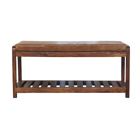 Homeroots 35in Brown Genuine Leather and Solid Wood Upholstered Storage Bench With Shelves 723441