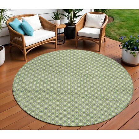 Homeroots 8' Green And Gray Round Floral Washable Indoor Outdoor Area Rug 610650