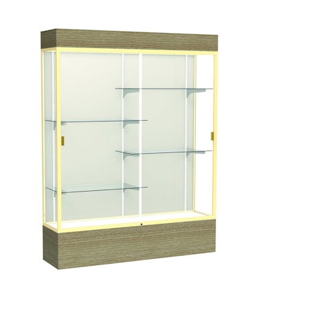 Ghent 80''H x 60''W x 16''D Reliant Driftwood Oak Display Case w/ Plaque Back & Champagne Frame 2175PB-GD-DK