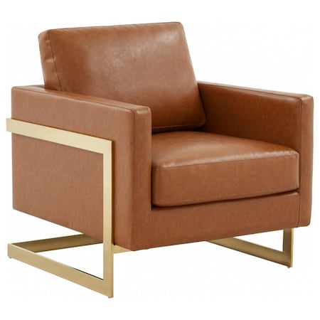 Leisuremod Lincoln Leather Accent Armchair with Gold Frame, Cognac Tan LA31BR-L