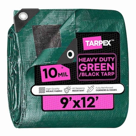 Tarpex Heavy Duty Tarp, 9 ft x 12 ft, 10 Mil, Green/Black, Polyethylene MTGB-TA-912