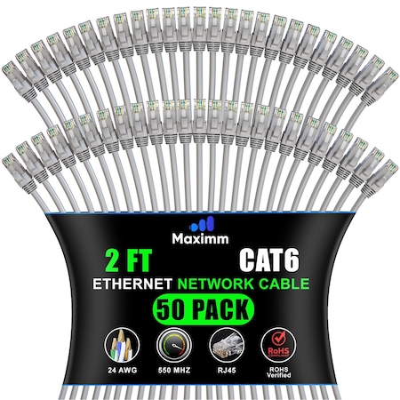 Maximm Cat6 Ethernet Cable 2ft 10Gbps 550MHz UTP, 50PK, Gray, 50PK CAT6CCA-2GR-50PK