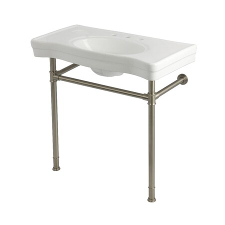 Kingston Brass 36" Ceramic Console Sink with Stainless Steel Legs, 8-Inch, 3-Hole, White/Brushed Nickel KVPB36198W388