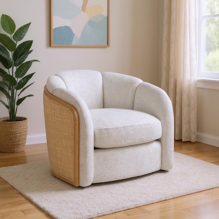 Homeroots 34" Off White and Natural Fabric Wood And Rattan Swivel Arm Chair 635754