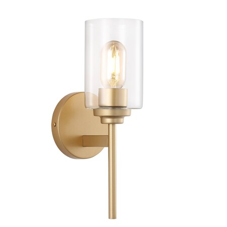 Jonathan Y Juno 13" 1-Light Farmhouse Industrial Metal/Glass Cylinder LED Sconce, Brass Gold/Clear JYL9547B