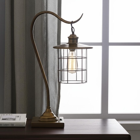 Homeroots 25" Antiqued Brass Metal Lantern Desk Lamp With Antiqued Brass Drum Shade 524696